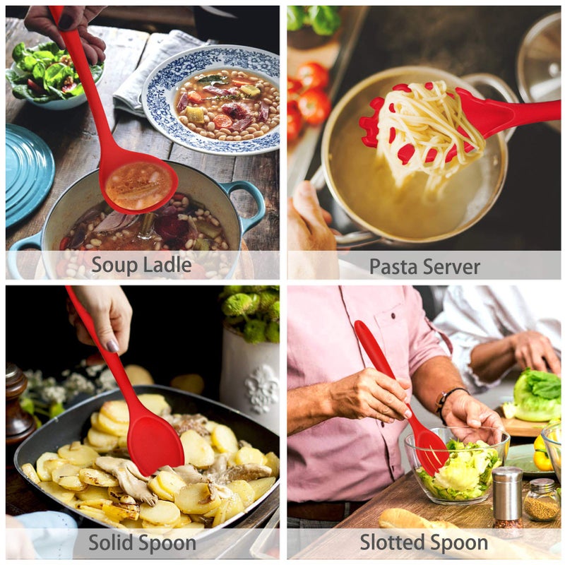 P&P CHEF Silicone Cooking Utensils Set of 7, Heat-proof Kitchen Utensils Set for Nonstick Cookware, Non-stick Spatula, Slotted Turner, Soup Ladle, Pasta Server, Spoon for Cooking Serving - Red - Image 4